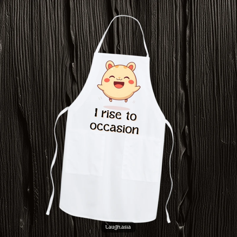 Funny bao bun bouncing apron, a grinning character cooking and hopping on springy legs, for kitchen use.