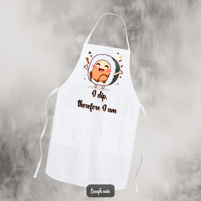 Funny sushi roll dancing apron, a happy character cooking and dancing with soy sauce splashing, for kitchen use.