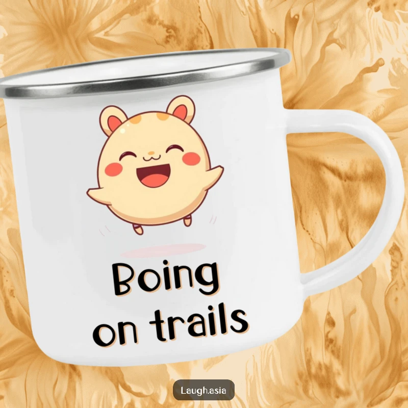 Funny bao bun bouncing camping mug, a grinning character enjoying the outdoors on springy legs, rugged and fun.