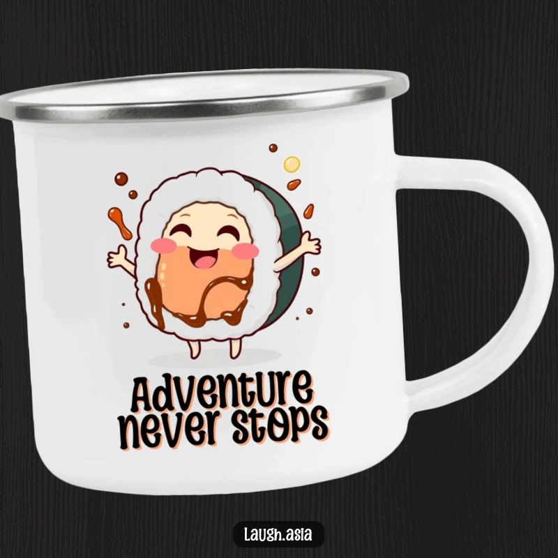 Funny sushi roll dancing camping mug, a smiling explorer character dancing with soy sauce splashing, for outdoor use.