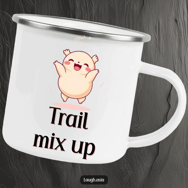 Funny dumpling somersault camping mug, a cheerful character enjoying the outdoors with steam rising, rugged and fun.
