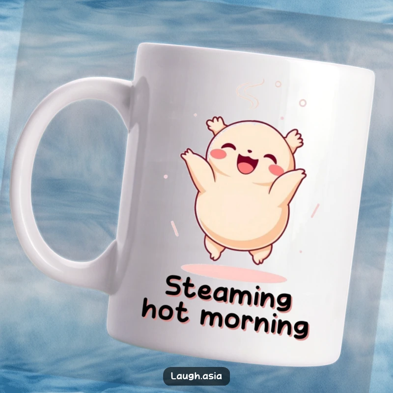 Funny dumpling mug depicting a cheerful character doing a delighted somersault with steam gently rising, a food lover's delight.