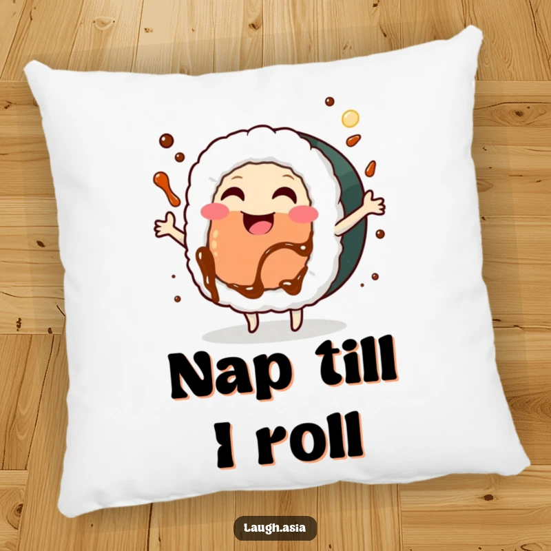 Funny sushi roll dancing pillow, a smiling food character joyfully grooving with soy sauce splashing, soft and decorative.