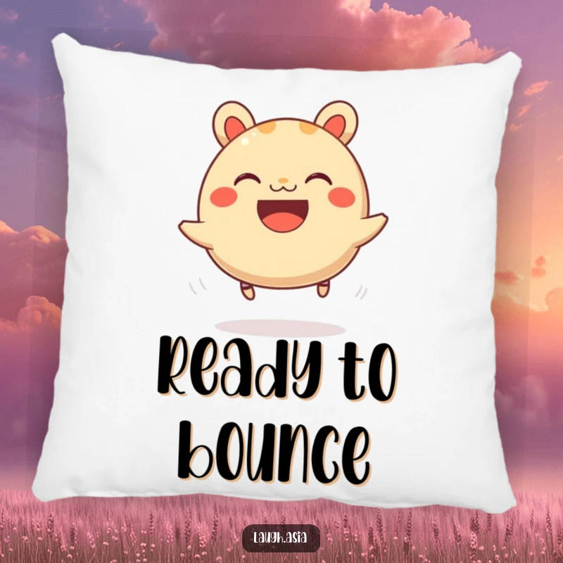 Funny bao bun bouncing pillow, a grinning food character joyfully hopping on springy legs, soft and decorative.