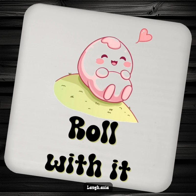 Funny mochi rolling drink coaster, a playful food character tumbling down a hill with a giggle, adds charm.