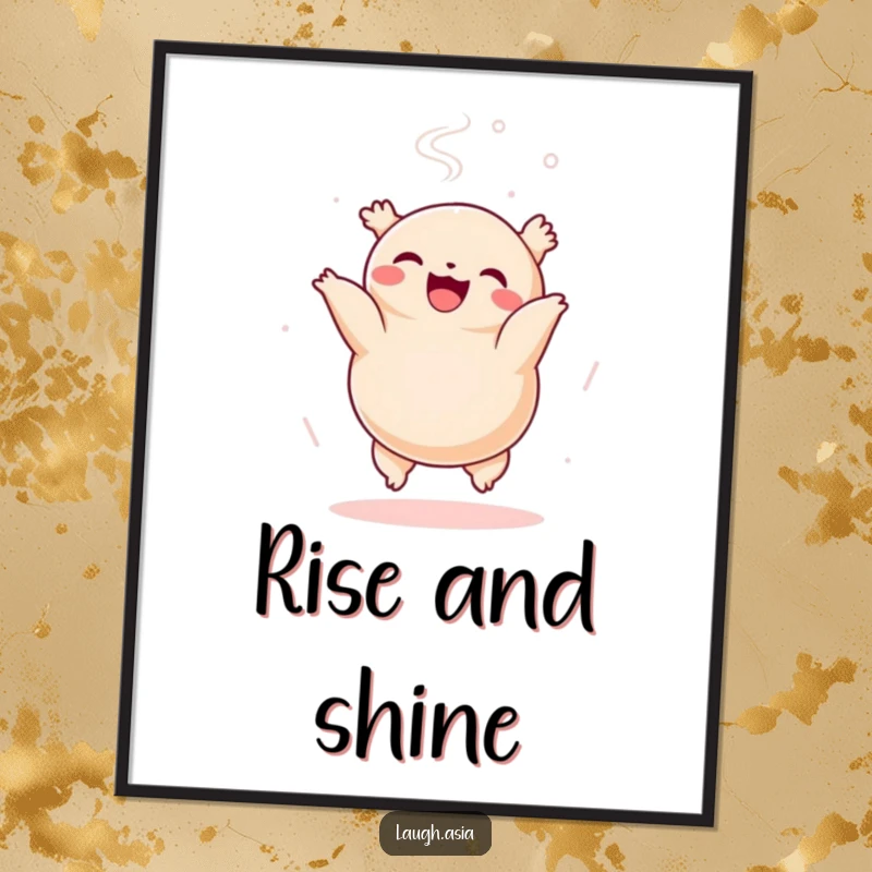 Funny dumpling somersault poster, a cheerful character performing a delightful flip with steam rising, for whimsical wall decor.