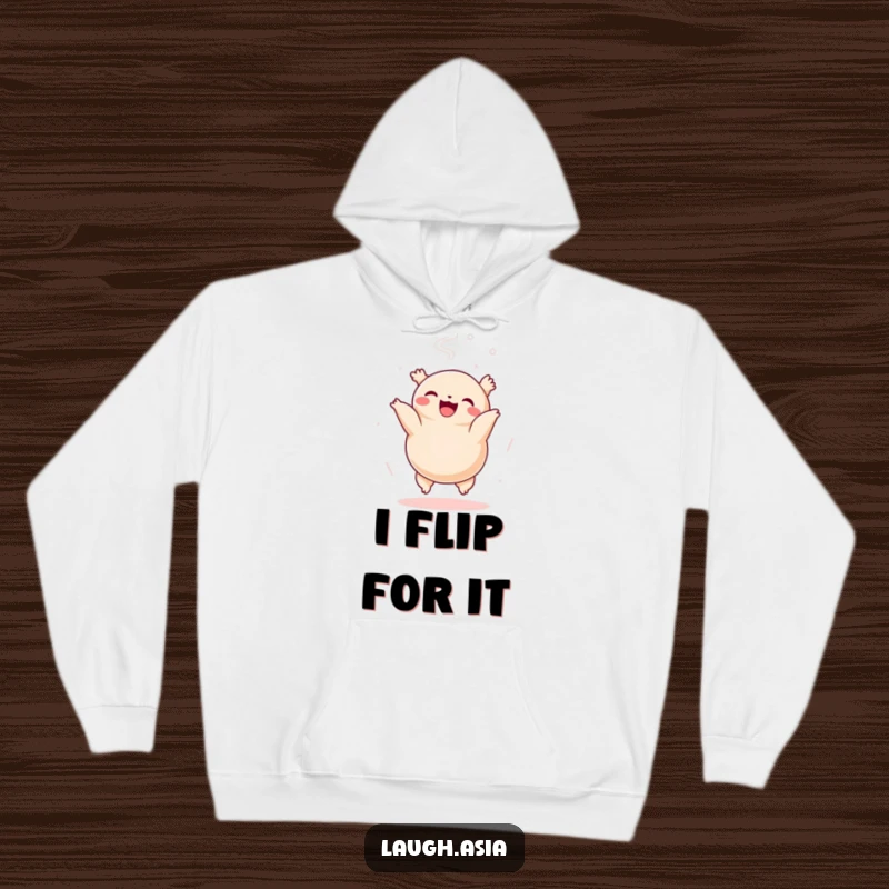 Funny dumpling hoodie showing a cheerful character flipping with steam rising, cozy and humorous apparel for cold days.
