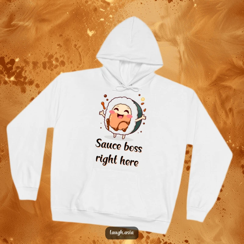 Funny sushi roll hoodie showcasing a happy character dancing exuberantly amidst a splash of soy sauce, a fun apparel.
