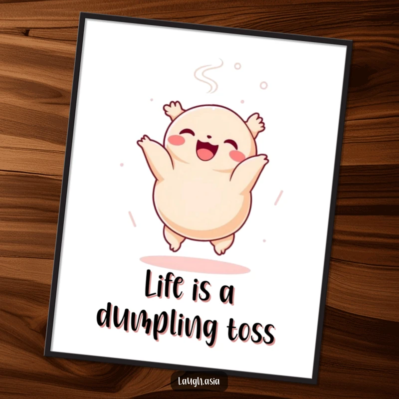 Funny Free Printable Wall Art: A cheerful dumpling flipping joyfully with steam, a downloadable piece of whimsical art.