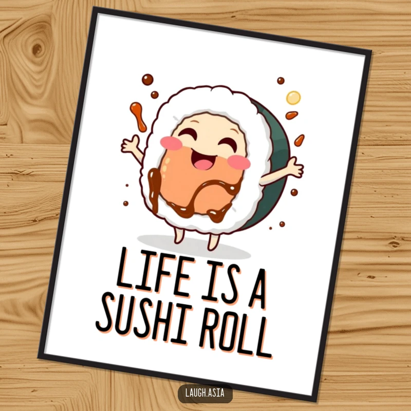 Funny Free Printable Wall Art: A smiling sushi roll dancing wildly with soy sauce, a downloadable piece of humorous decor.