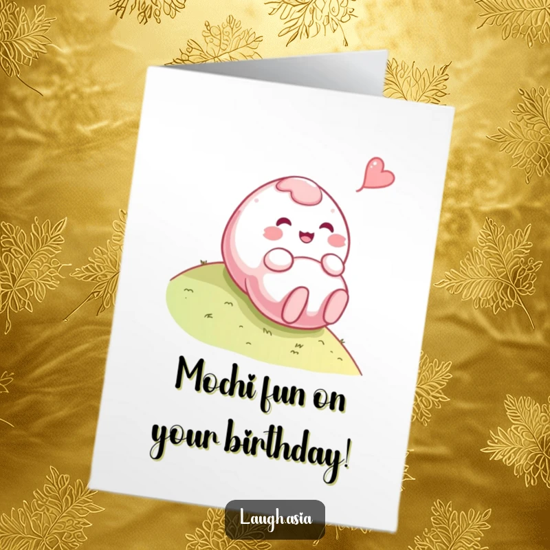Funny Free Printable Birthday Card: A playful mochi character giggles while rolling down a hill, a downloadable birthday chuckle.