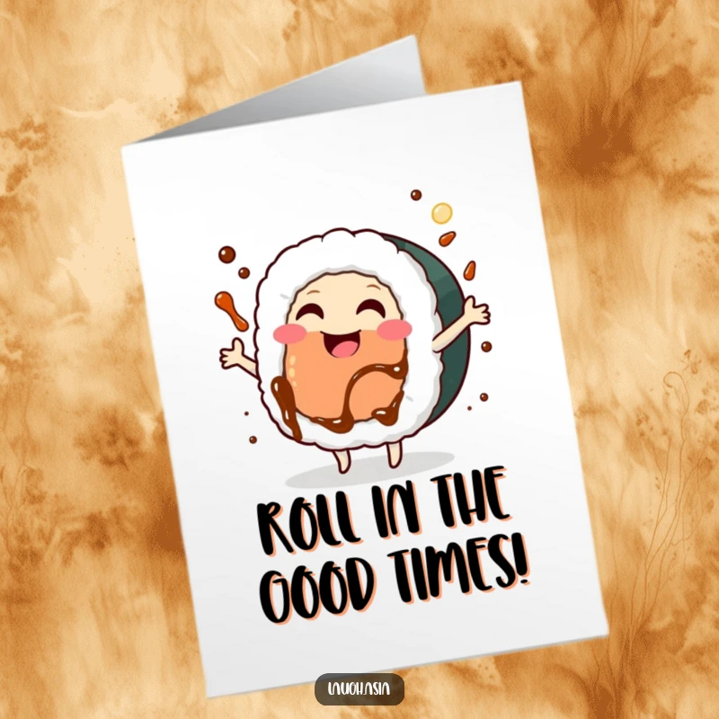 Funny Free Printable Birthday Card featuring a joyful sushi roll dancing with a soy sauce splash, a downloadable delight.