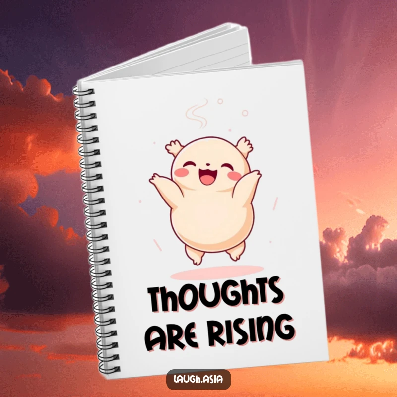 Funny dumpling somersault notebook, a cheerful character writing notes with steam rising, perfect for journaling.