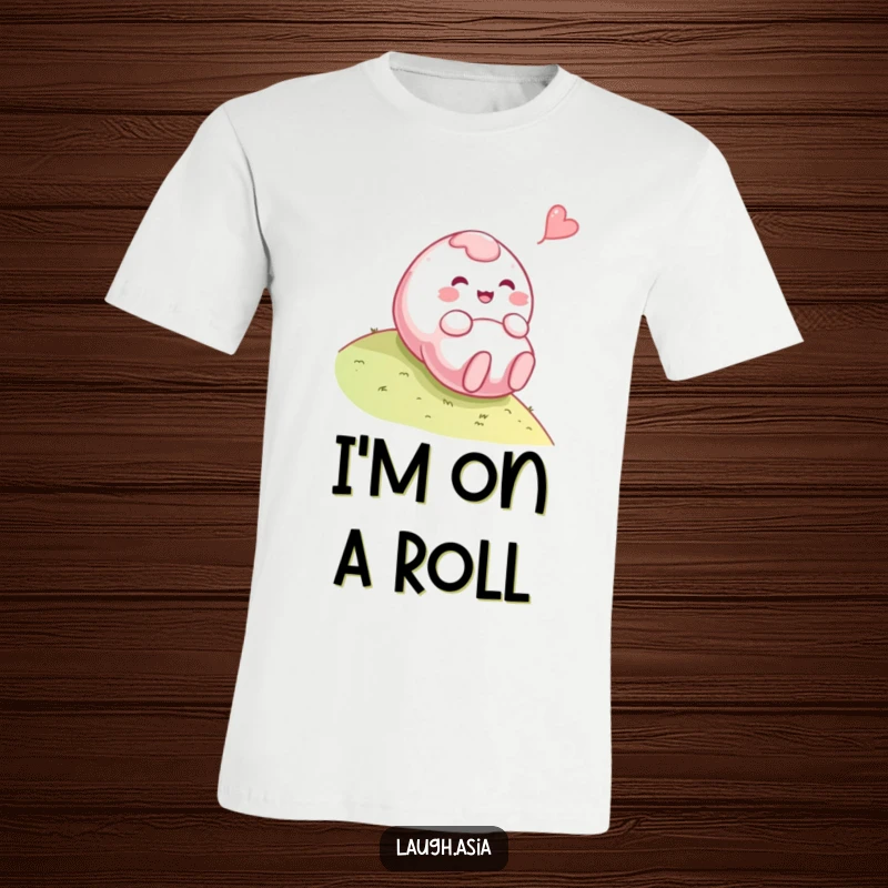 Funny mochi t-shirt featuring a playful character rolling downhill with a giggling expression, celebrating sweet delights.