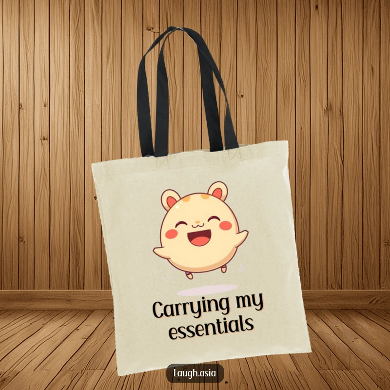 Funny bao bun bouncing tote bag, a grinning food character hopping on springy legs, perfect for carrying daily items.