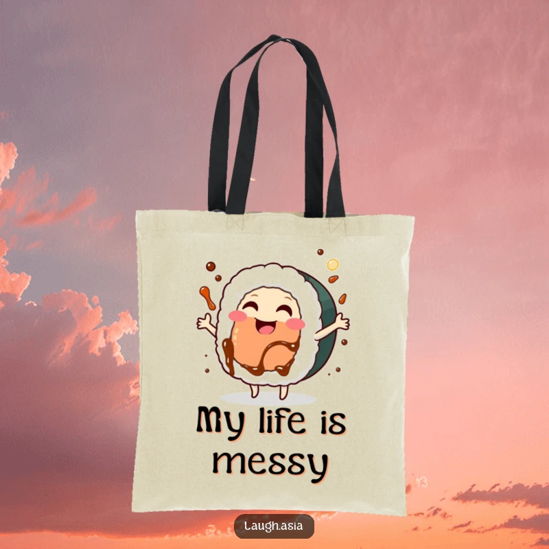 Funny sushi roll dancing tote bag, a smiling character grooving with soy sauce splashing, perfect for carrying groceries.